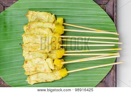 Grilled Pork Satay With Peanut Sauce And Vinegar, Thai Food.