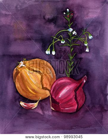 A watercolour painting of a golden and a red onion with a branch with flowers in the background