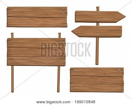 Set of vector wooden cartoon signs and banners isolated on white background