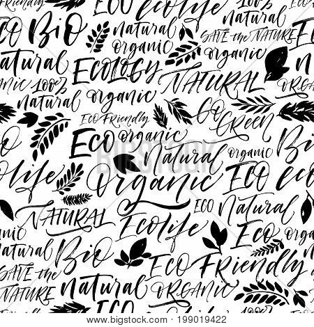 Seamless eco pattern. Set of eco phrases : ecology ecolife natural eco friendly green bio fresh and others. Ink illustration. Hand drawn ornament for wrapping paper.