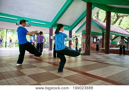HONG KONG â JULY 12, 2017: An unidentified athlete at the Wushu School in Hong Kong