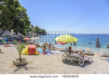 BRELA, CROATIA - 6 JULY, 2017: View Of Brela Beach Dalmatia Croatia