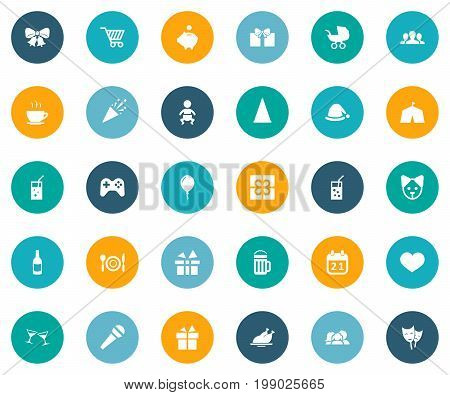 Elements Morning Coffee, Infant, Gift And Other Synonyms Tent, Fizz And Tea.  Vector Illustration Set Of Simple Holiday Icons.