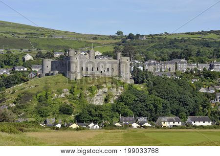 Harlech and it's Castle in Gwynedd North Wales a medieval castle built in the 13th century by Edward I during his invasion of Wales.