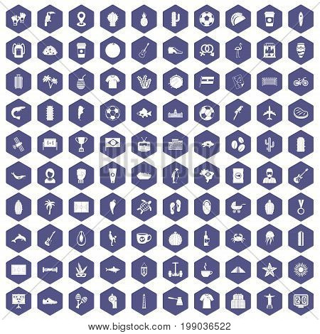100 South America icons set in purple hexagon isolated vector illustration