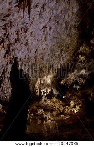 Expansive open space of cave with small pond in Carlsbad Caverns National Park New Mexico vertical