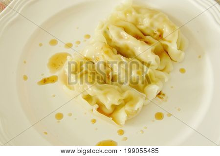 Guyza stuffed mixed mushed pork and chicken dressing Shoyu sauce on plate