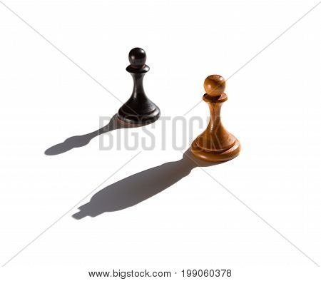 two chess pawns one casting a king piece shadow concept of strength and aspirations