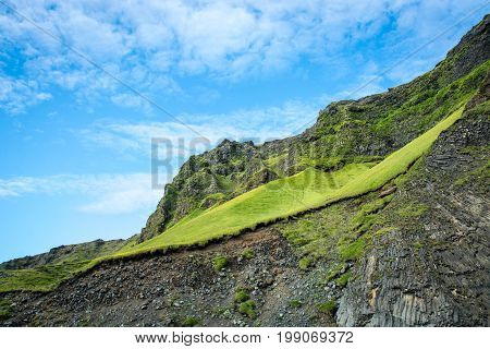 Reynisfjara shore near the village Vik, atlantic ocean, Iceland.