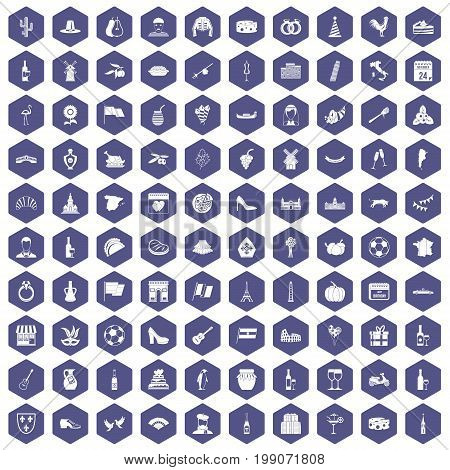 100 wine icons set in purple hexagon isolated vector illustration