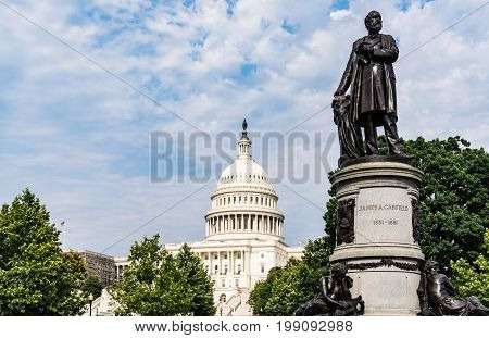 President James Garfield Monument with United States Capitol Building in Washington DC