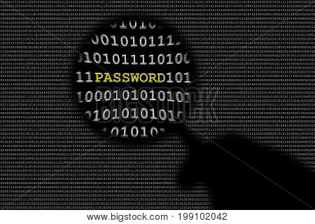 Shadow of hand holding magnifying lens over binary code and password text