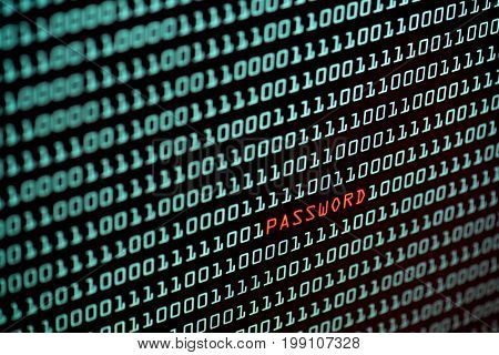 Password text and binary code concept from the desktop computer screen, selective focus, Security Technology concept