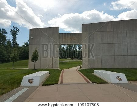 Marines memorial park in Quantico, Virginia with grass and cement