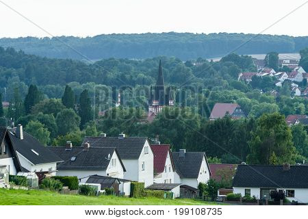 View of the small town of Neustadt (Marburg-Biedenkopf district in Hessen) a suburb and surrounding agricultural land.
