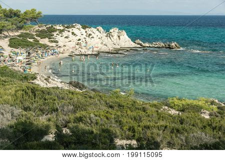 CHALKIDIKI, CENTRAL MACEDONIA, GREECE - AUGUST 26, 2014: Seascape of Orange Beach Kavourotripes at Sithonia peninsula, Chalkidiki, Central Macedonia, Greece