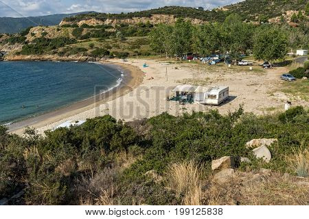 CHALKIDIKI, CENTRAL MACEDONIA, GREECE - AUGUST 26, 2014: Seascape of Achlada Beach at Sithonia peninsula, Chalkidiki, Central Macedonia, Greece