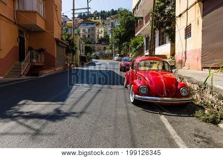 ALANYA TURKEY - JULY 09 2015: Vintage car Volkswagen Beetle on the streets of Alanya. Alanya a popular Mediterranean resort.