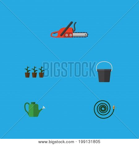 Flat Icon Farm Set Of Flowerpot, Hosepipe, Hacksaw And Other Vector Objects