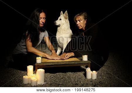 Woman spiritualists communicating with ghosts through spiritual board. Dog watching
