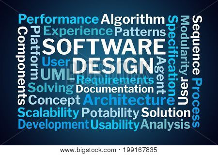 Software Design Word Cloud on Blue Background