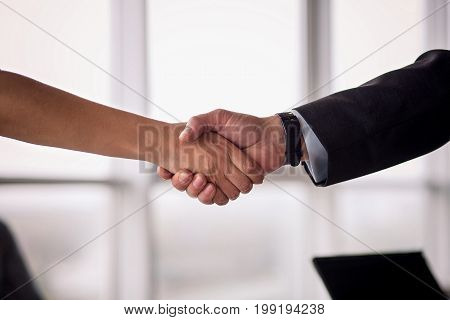 Businessman and businesswoman shake hands on agreement. Businees deal concept, partners concluding a deal.