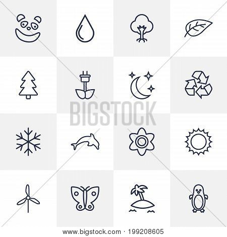 Collection Of Eco Energy, Snowflake, Recycle And Other Elements.  Set Of 16 Bio Outline Icons Set.