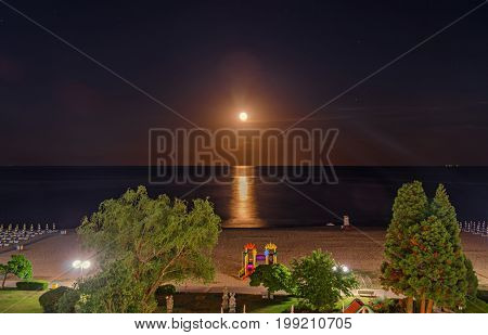 The Black Sea Shore From Albena, Bulgaria With Golden Sands, Blue Fresh Water, Sunbeds And Umbrellas