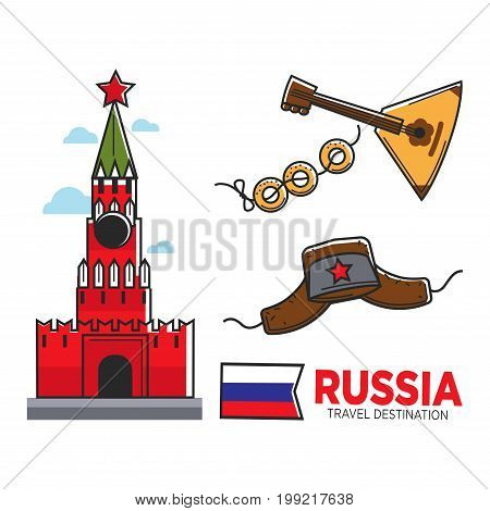 Vector illustration of traditional Russian symbols with Russia travel destination text and flag.