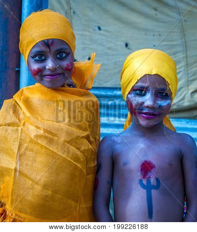 KathmanduNepal - August 82017:Gai Jatra is a carnival of dancing singing mirth and laughter. The festival of cow is celebrated mainly in the Kathmandu Valley to commemorate the death of loved ones. As part of the festival family members of the deceased of