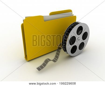 Movie folder with a films spool . 3d rendered illustration
