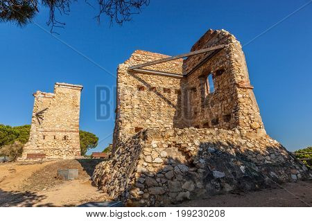 Ruins of old optical telegraph towers named Les Torretes near Calella - the semaphore towers were built in the mid-19th century. Catalonia Spain