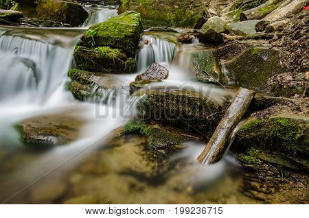 Landscape Of Waterfall Shypit In The Ukrainian Carpathian Mountains On The Long Exposure