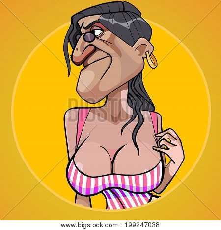 Cartoon scary woman with lush shapes of the chest seducing