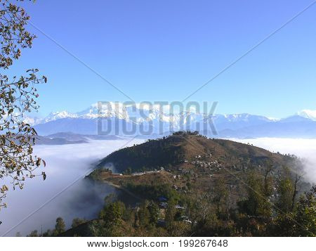 Central Nepal village of Nalang with Ganesh Himal in the back