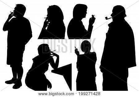 People smoking cigarette and pipe. Isolated white background. EPS file available.
