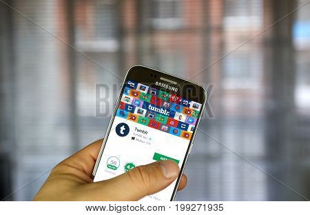 MONTREAL CANADA - JULY 30 2017: Tumblr app on android phone. Tumblr is a microblogging and social networking website founded by David Karp in 2007 and owned by Oath Inc.