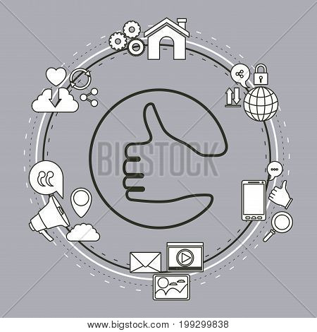 color background of circular frame of tech share internet icons and closeup silhouette thumb up shape vector illustration