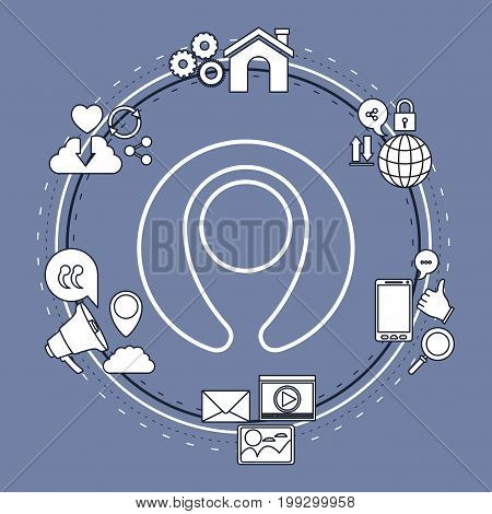 color background of circular frame of tech share internet icons and closeup silhouette pointer shape vector illustration