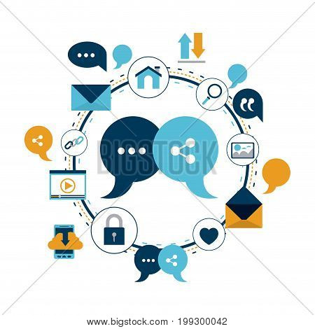 white background of colorful circular frame of tech internet icons and closeup bubble set dialog box and symbol share vector illustration