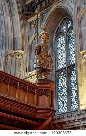 LONDON, GREAT BRITAIN - MAY 23, 2014: It is carved statue of Gog (Magog) into Great Hall of Guildhall.