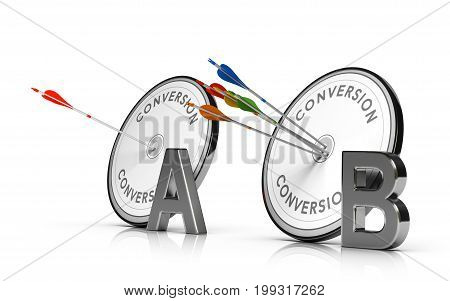 3D illustration of two targets and arrows over white background. Concept of web page A/B Testing