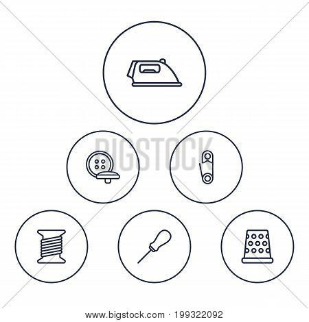 Collection Of Iron, Awl, Safety Pin And Other Elements.  Set Of 6 Stitch Outline Icons Set.