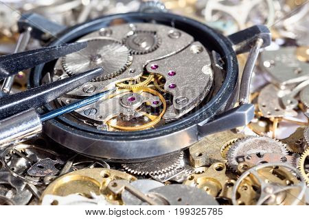 Tools On Open Watch On Clock Spare Parts