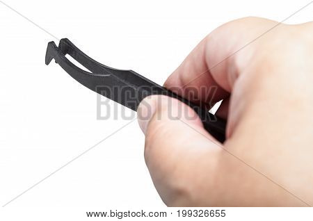 Male Hand With Black Plastic Anti-static Tweezers