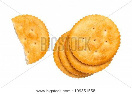 Dry cracker cookies isolated on white background cutout top view concept of food