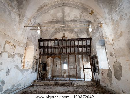 Interior of an abandoned and deserted Christian orthodox church of saint Artemios at the village of Afania in Northen Cyprus.
