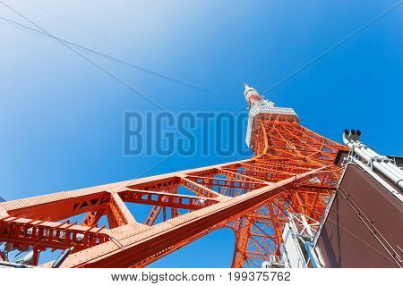 Tokyo Tower is steel tower beautiful nature blue sky background a major tourist attraction in Kanto region Tokyo Japan. Concept of travel and Popular photographer.