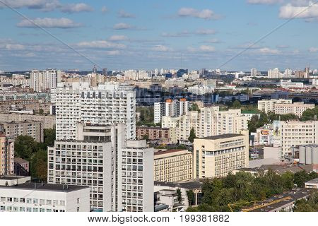MINSK, BELARUS - AUGUST 15, 2016: Aerial view of the southeastern part of the Minsk with old soviet buildings. Minsk is the capital and largest city of Belarus.