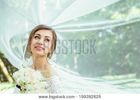 Closeup shot of elegant, brunette bride posing under veil closeup. Bride portrait wedding makeup fashion bride. Beautiful bride in veil. Toned